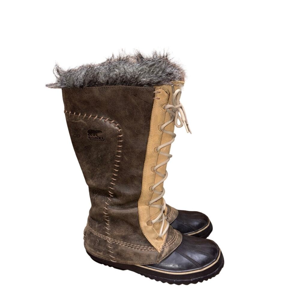 SOREL Cate The Great Brown/Gray Leather Waterproof Fur Lined Boots  Size: US 9